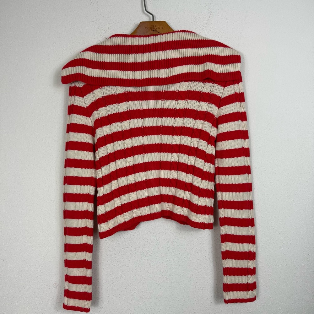 Zara Sailor Collar Striped Cable Knit Cardigan Sweater Red Sz Medium - Picture 6 of 6